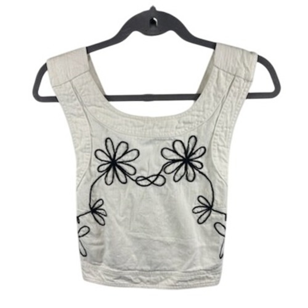 Pilcro White Crop Top with Black Floral Design